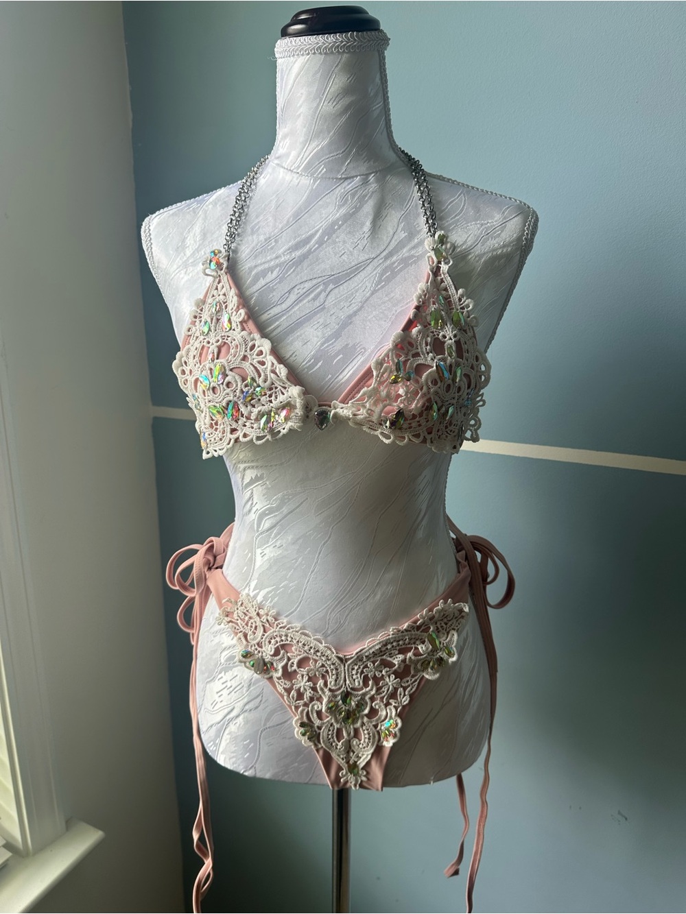 Embellished Pink Lace Bikini Set